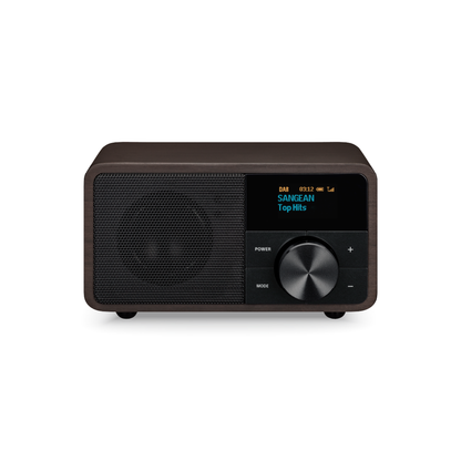 Sangean DDR-7 DAB+ Holzradio Frontansicht mit OLED-Display und Drehregler in Dark Wood