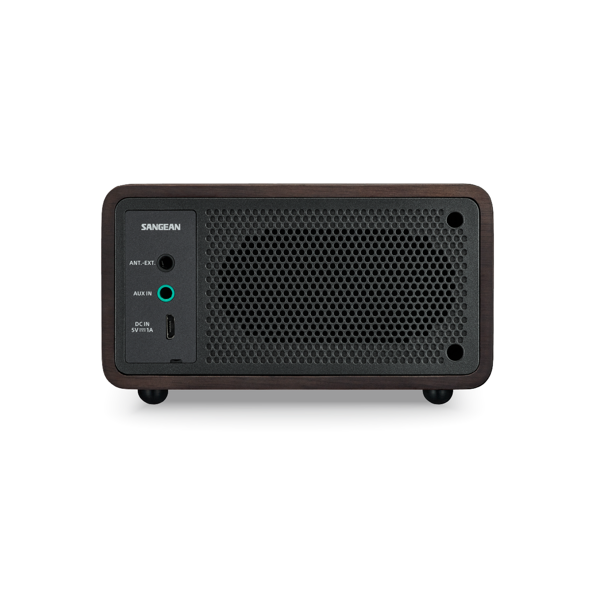 Sangean DDR-7 DAB+ Holzradio Rückansicht mit Anschlüssen und Lautsprechergitter in Dark Wood