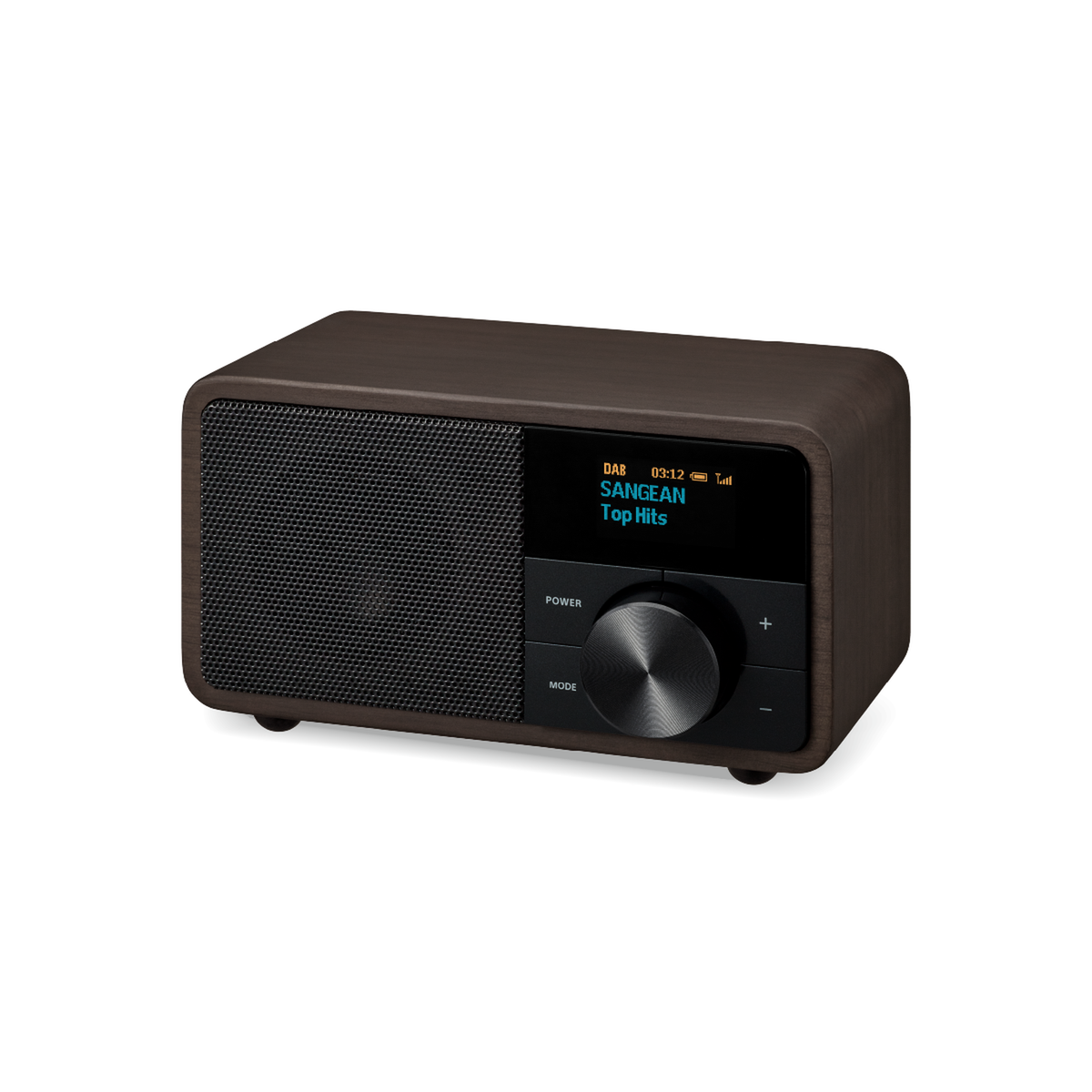 Sangean DDR-7 DAB+ Holzradio Schrägansicht mit Lautsprechergitter und Drehregler in Dark Wood