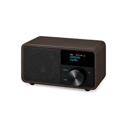 Sangean DDR-7 DAB+ Holzradio Schrägansicht mit Lautsprechergitter und Drehregler in Dark Wood