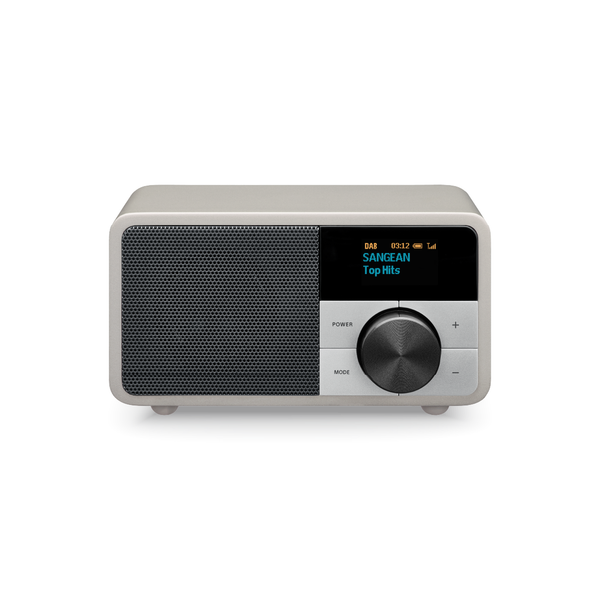 Sangean DDR-7 DAB+ Holzradio Frontansicht mit OLED-Display und Drehregler in Glacier Silver