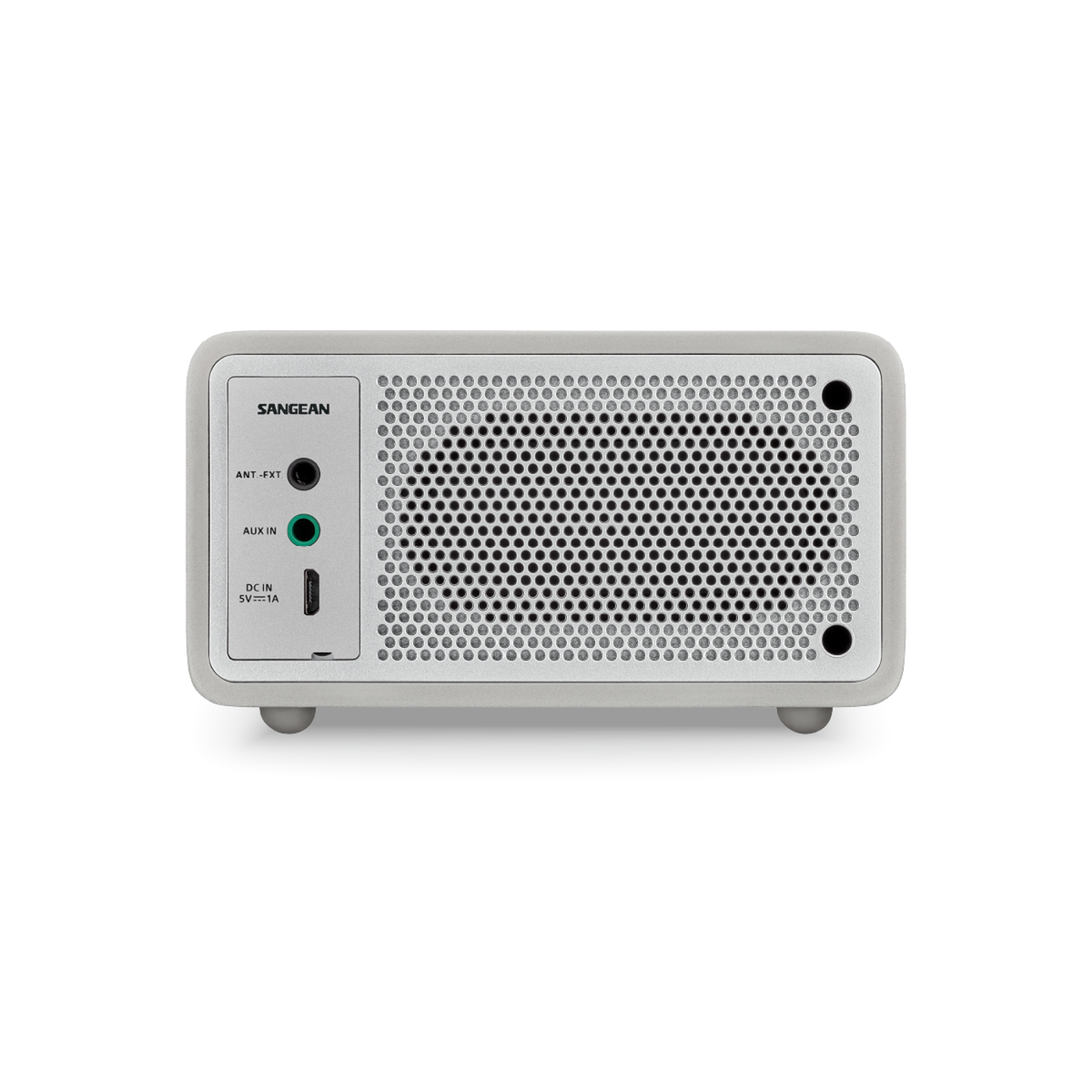 Sangean DDR-7 DAB+ Holzradio Rückansicht mit Anschlüssen und Lautsprechergitter in Glacier Silver