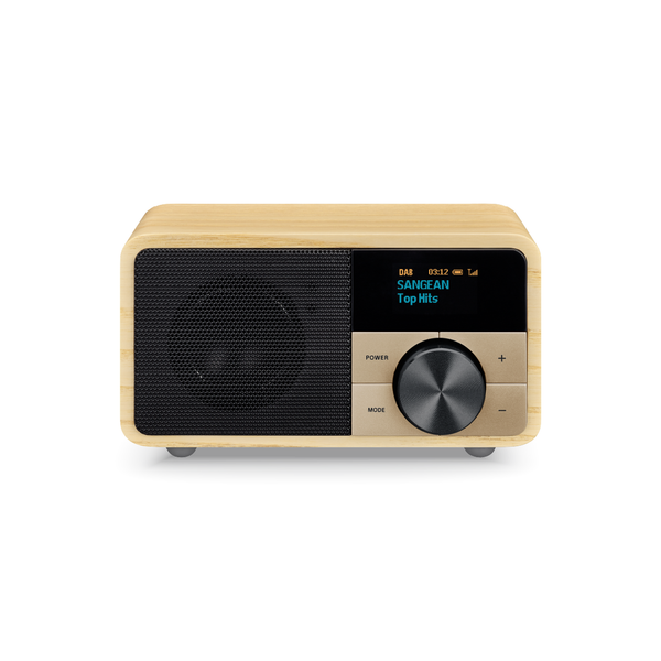 Sangean DDR-7 DAB+ Holzradio Frontansicht mit OLED-Display und Drehregler in Natural Wood