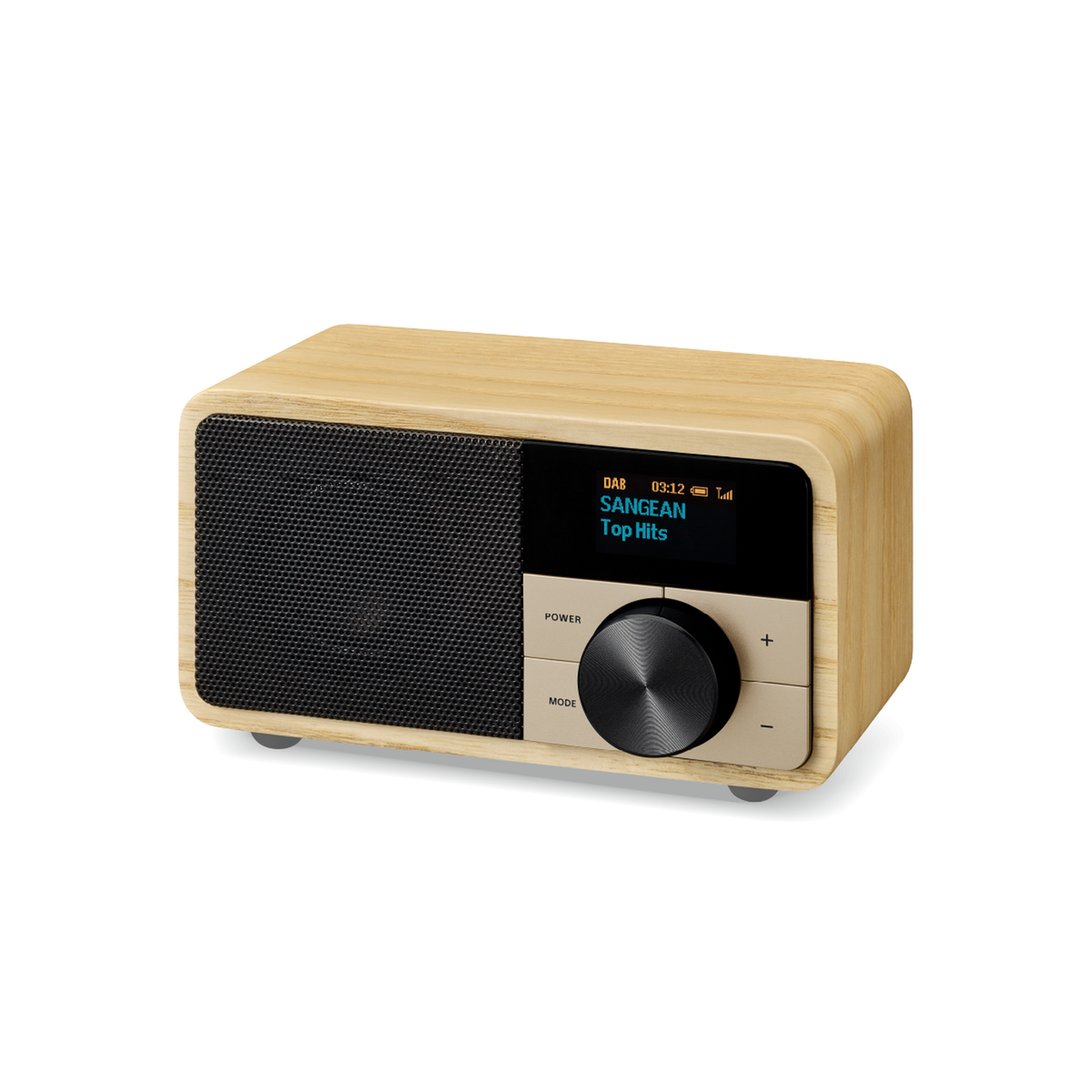 Sangean DDR-7 DAB+ Holzradio Schrägansicht mit Lautsprechergitter und Drehregler in Natural Wood
