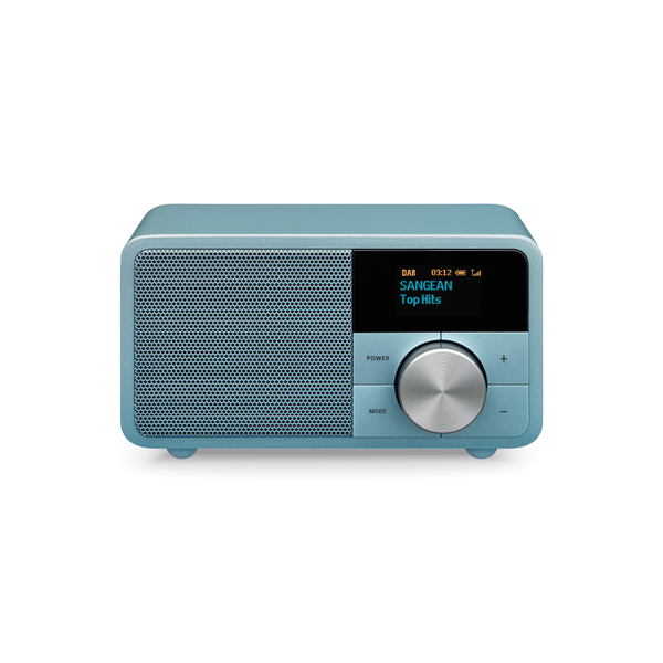 Sangean DDR-7 DAB+ Holzradio Frontansicht mit OLED-Display und Drehregler in Norse Blue