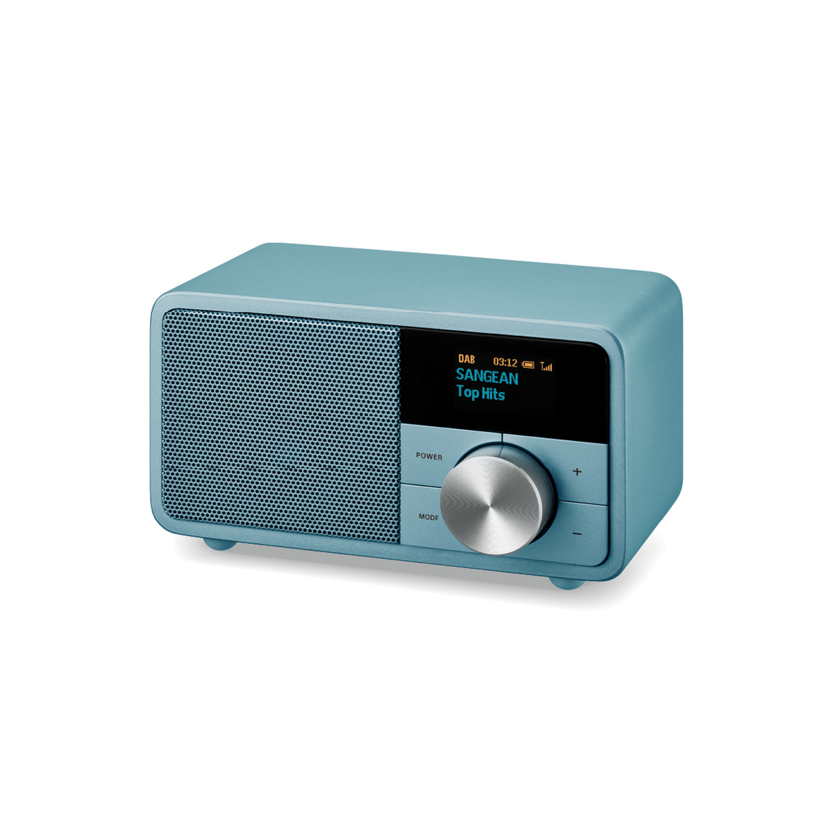Sangean DDR-7 DAB+ Holzradio Schrägansicht mit Lautsprechergitter und Drehregler in Norse Blue