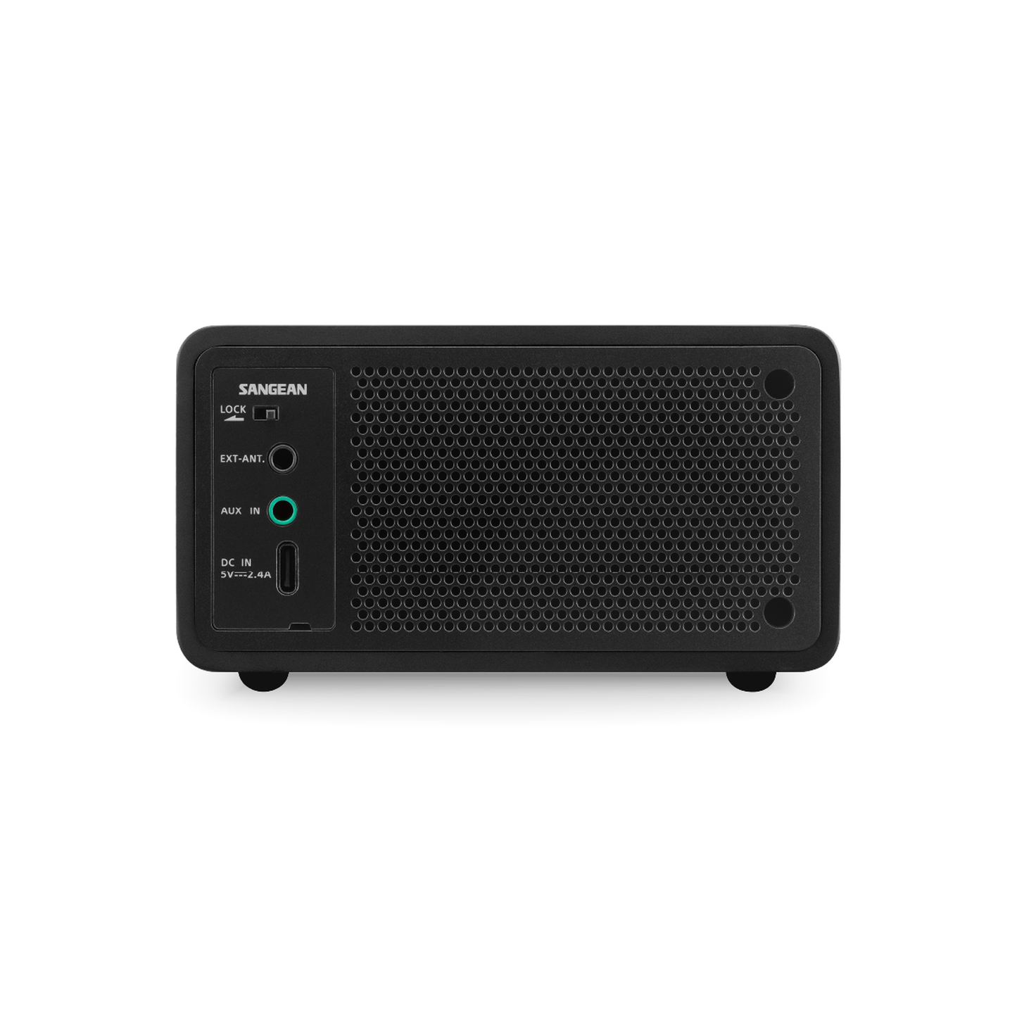 Sangean DDR-7X DAB+ Holzradio mit Akku Rückansicht mit EXT-ANT-Buchse, AUX-Eingang und USB-C-Stromanschluss in Black