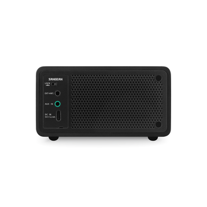 Sangean DDR-7X DAB+ Holzradio mit Akku Rückansicht mit EXT-ANT-Buchse, AUX-Eingang und USB-C-Stromanschluss in Black