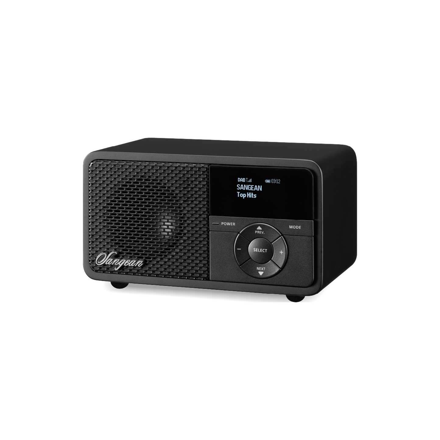 Sangean DDR-7X DAB+ Holzradio mit Akku Schrägansicht mit Blick auf Lautsprechergitter und Display in Black