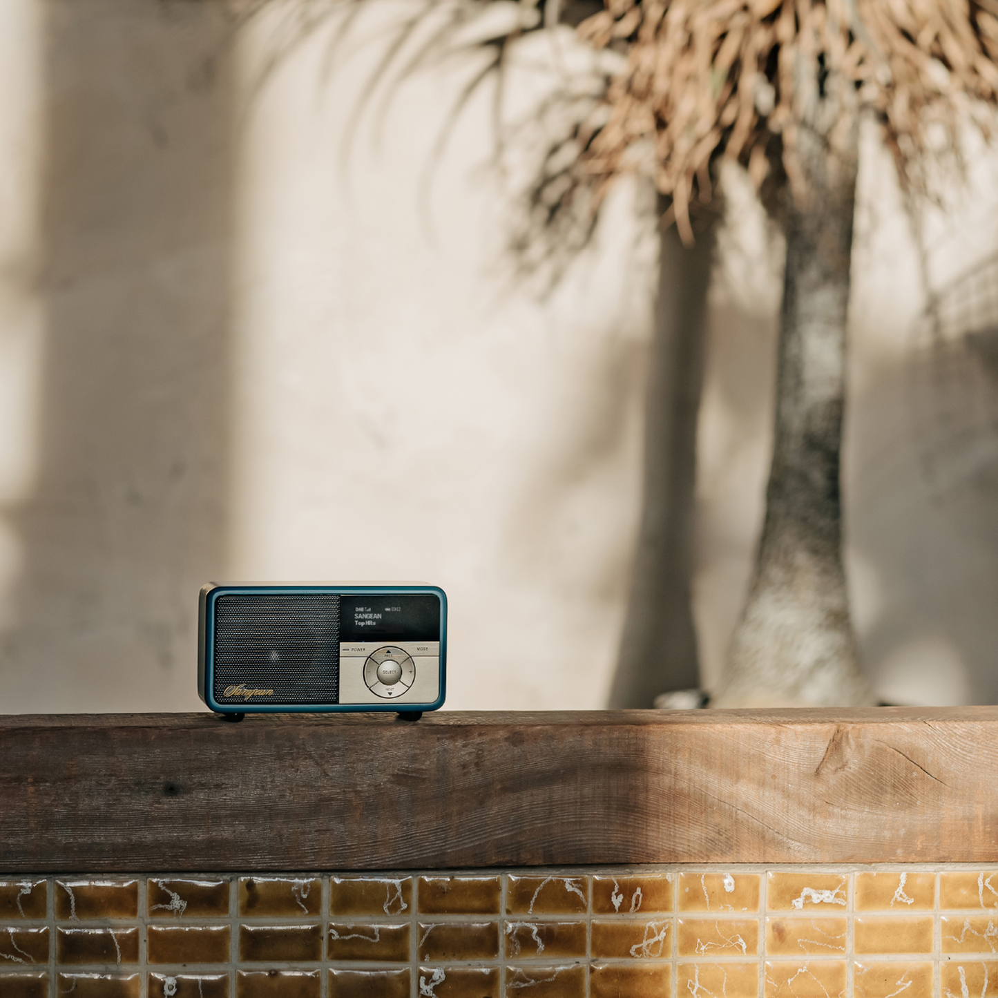 Sangean DDR-7X DAB+ Holzradio mit Akku Lifestyle auf Holzsims mit Palmenschatten in Green