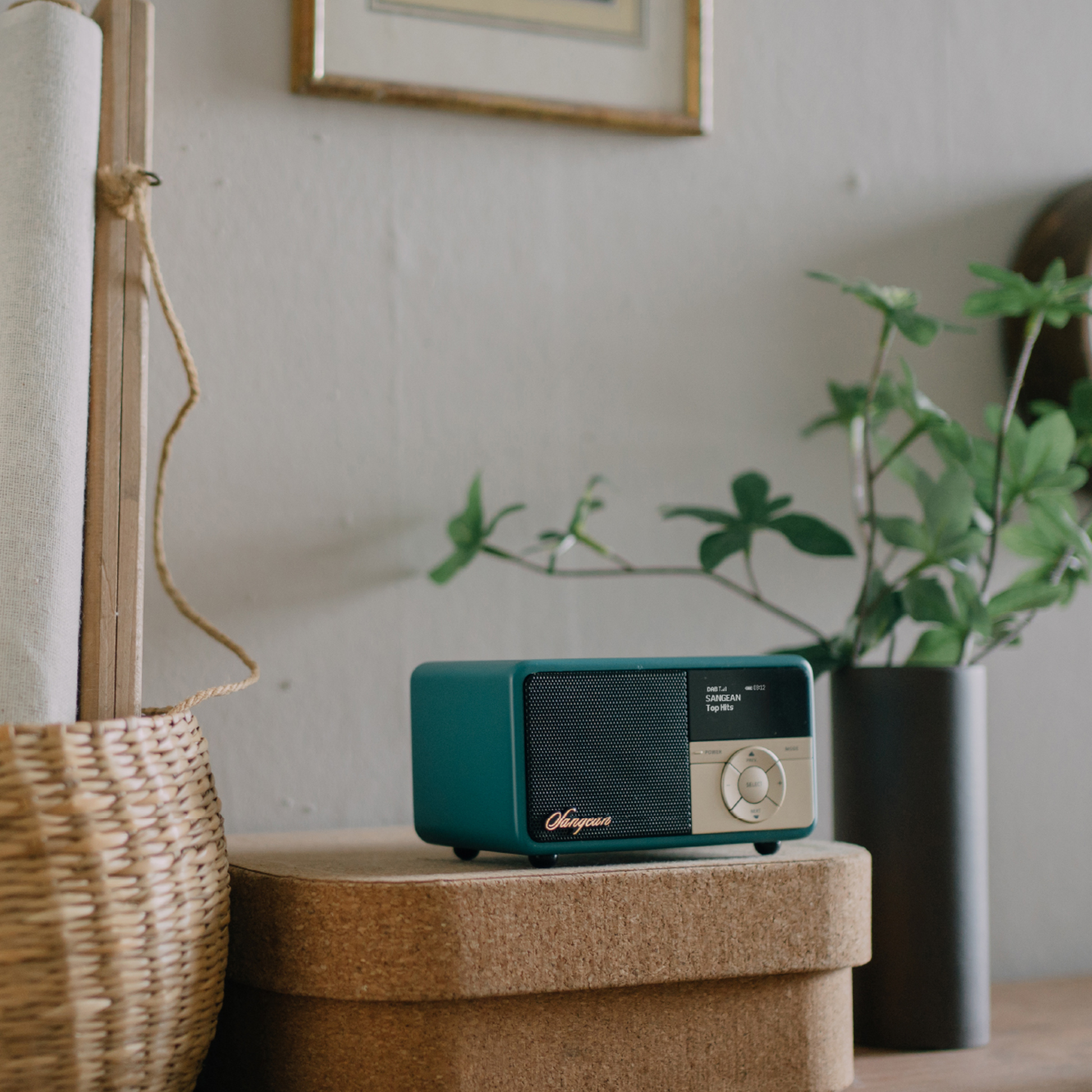 Sangean DDR-7X DAB+ Holzradio mit Akku Lifestyle auf Hocker neben Zimmerpflanze in Green