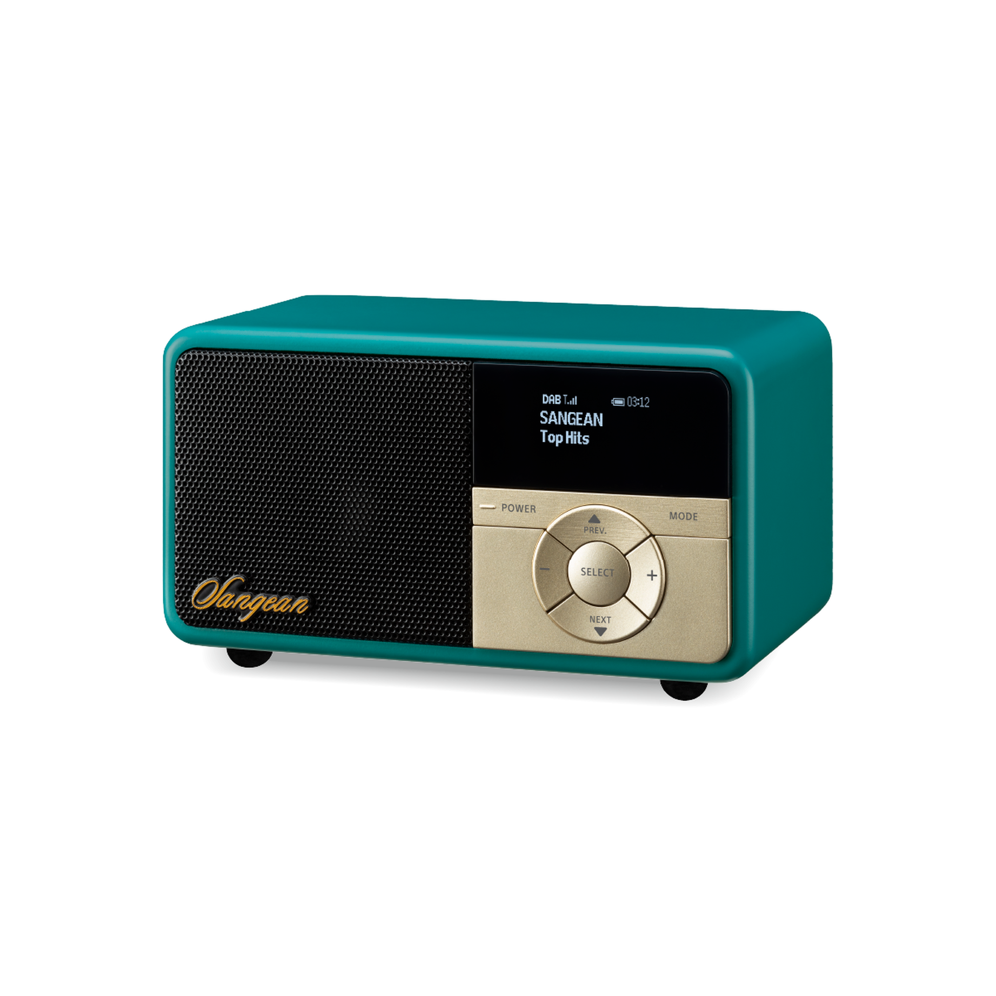 Sangean DDR-7X DAB+ Holzradio mit Akku Schrägansicht mit Blick auf Lautsprechergitter und Display in Green