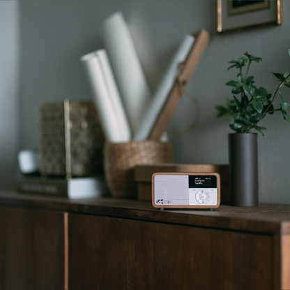 Sangean DDR-7X DAB+ Holzradio mit Akku Lifestyle auf Sideboard neben Zimmerpflanze in Light Wood