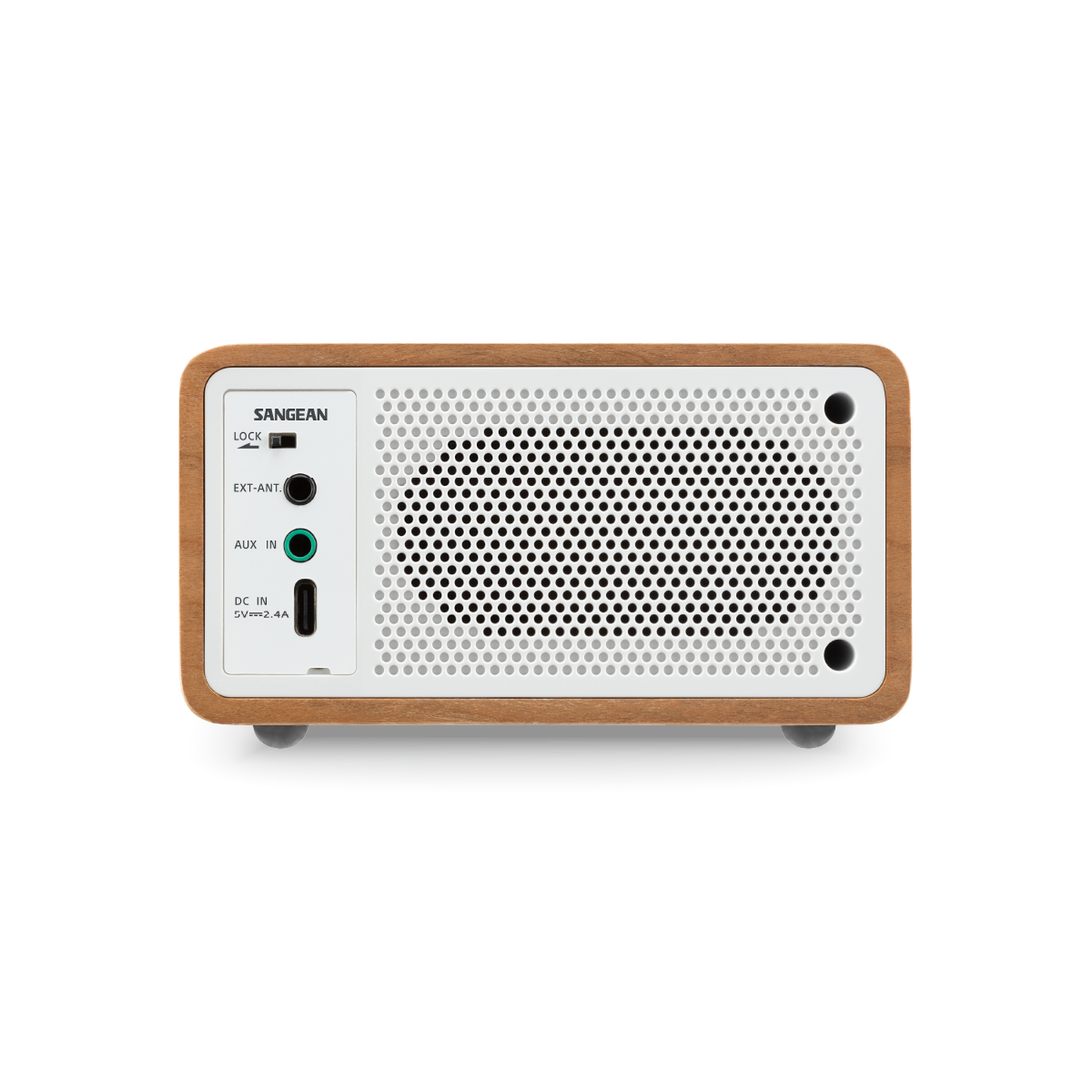 Sangean DDR-7X DAB+ Holzradio mit Akku Rückansicht mit EXT-ANT-Buchse, AUX-Eingang und USB-C-Stromanschluss in Light Wood