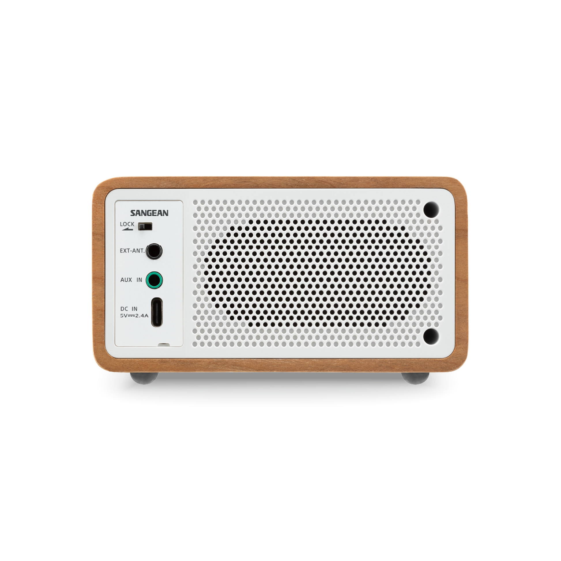 Sangean DDR-7X DAB+ Holzradio mit Akku Rückansicht mit EXT-ANT-Buchse, AUX-Eingang und USB-C-Stromanschluss in Light Wood