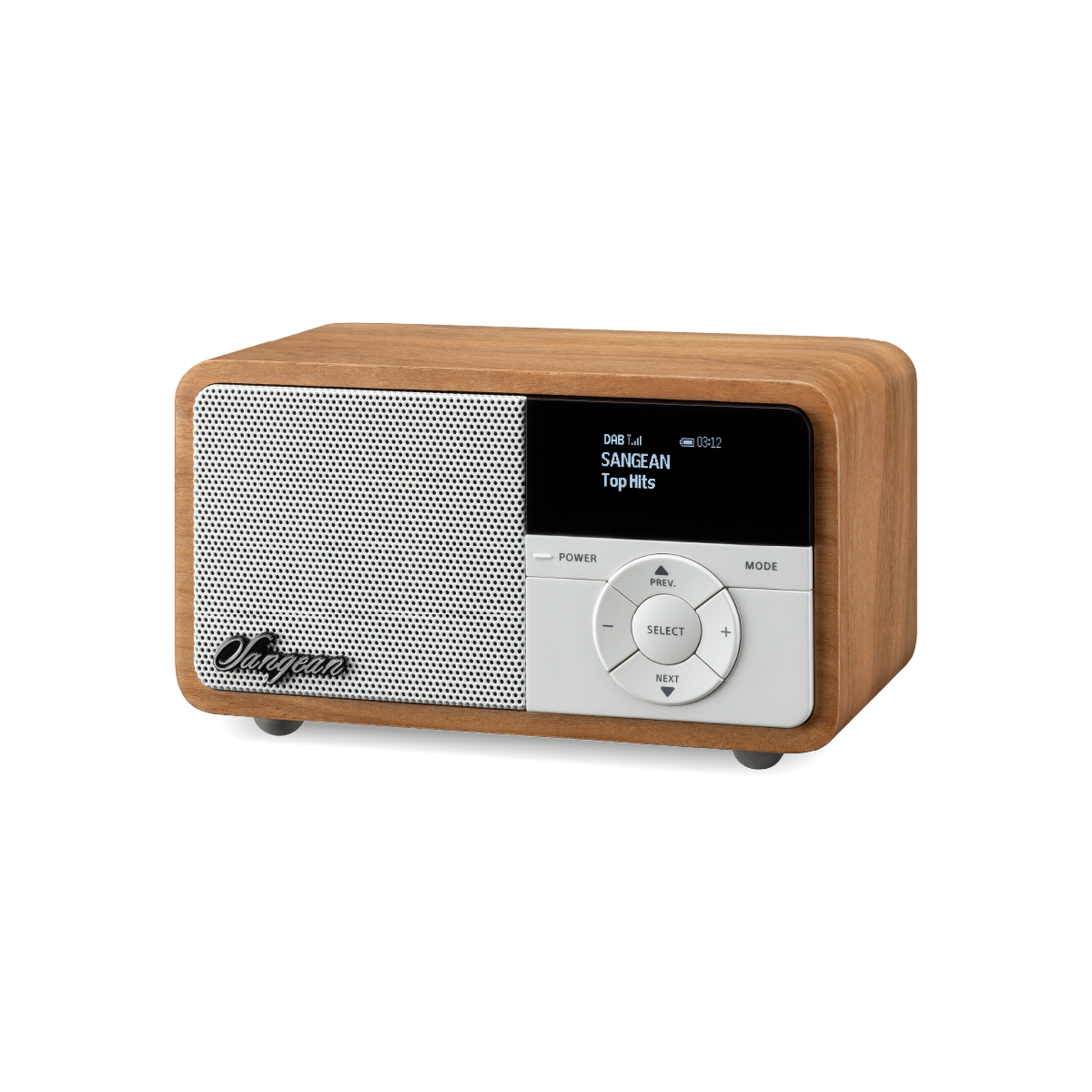 Sangean DDR-7X DAB+ Holzradio mit Akku Schrägansicht mit Blick auf Lautsprechergitter und Display in Light Wood
