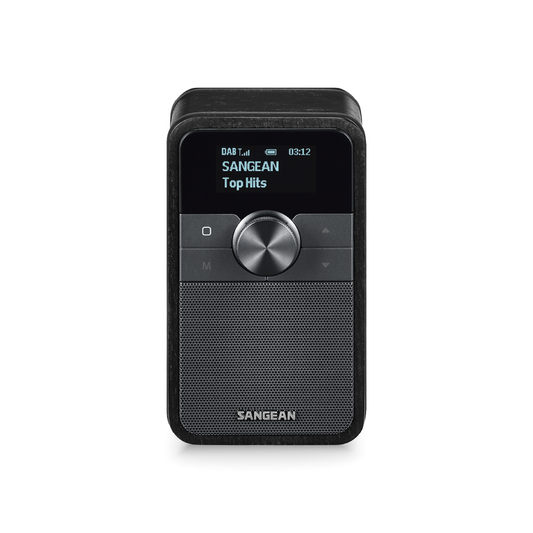 Sangean DDR-8 DAB+ Holzradio Frontansicht im Hochformat mit Display und Drehregler in Midnight Oak