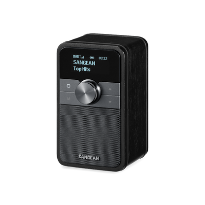 Sangean DDR-8 DAB+ Holzradio Schrägansicht im Hochformat mit Lautsprecherbespannung in Midnight Oak