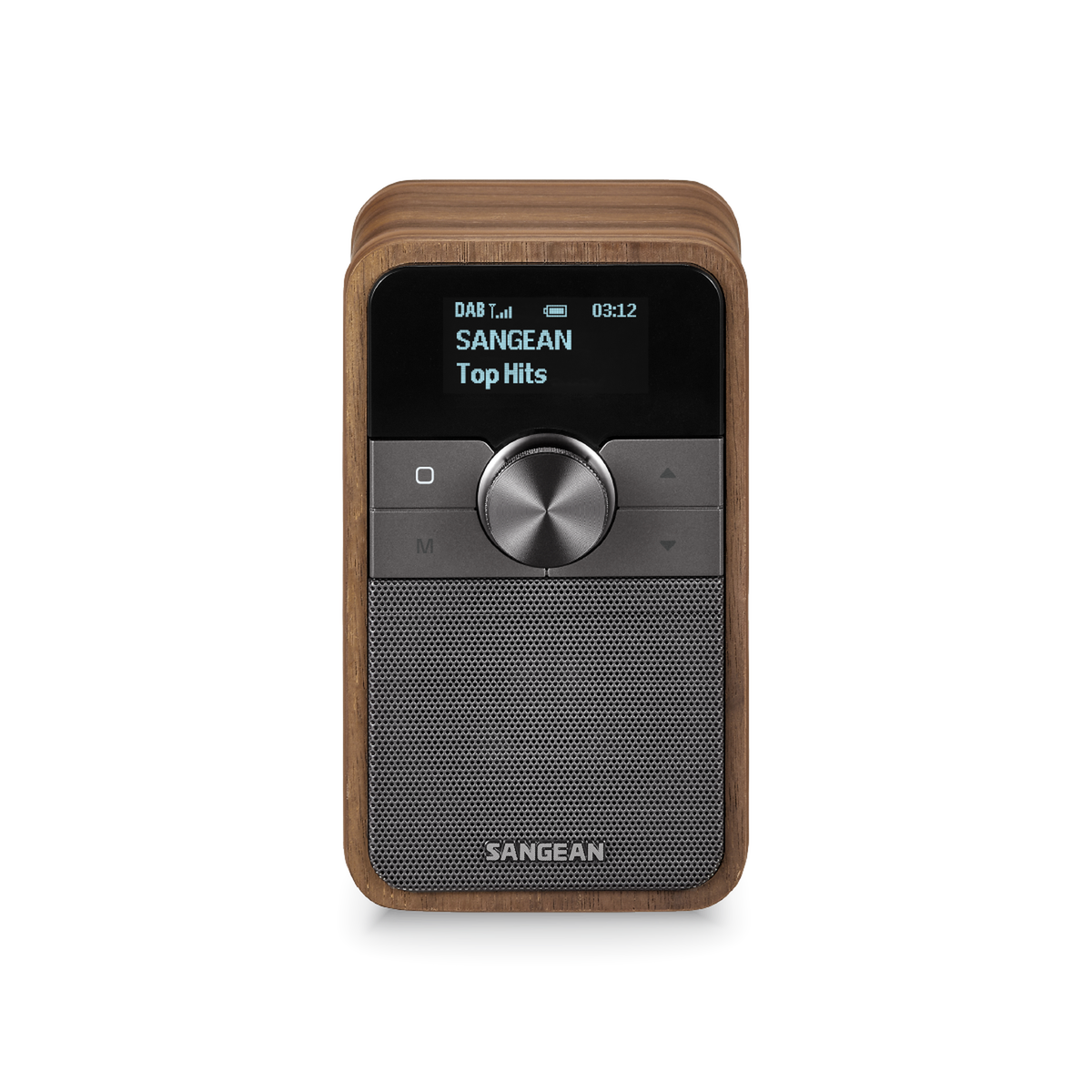 Sangean DDR-8 DAB+ Holzradio Frontansicht im Hochformat mit Display und Drehregler in Vintage Walnut