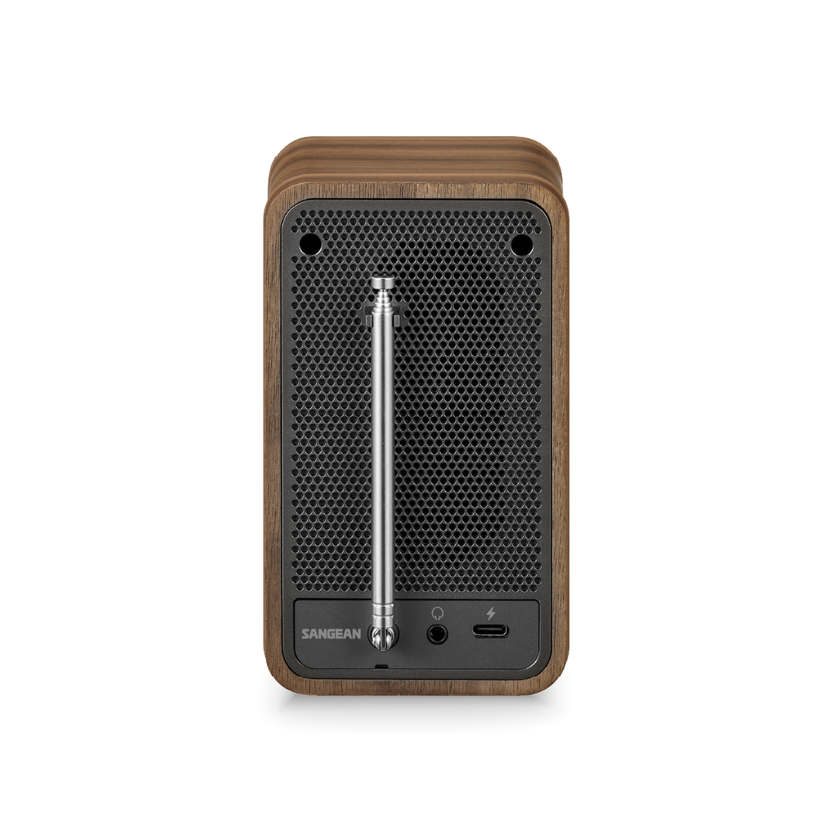 Sangean DDR-8 DAB+ Holzradio Rückansicht mit Teleskopantenne in Vintage Walnut