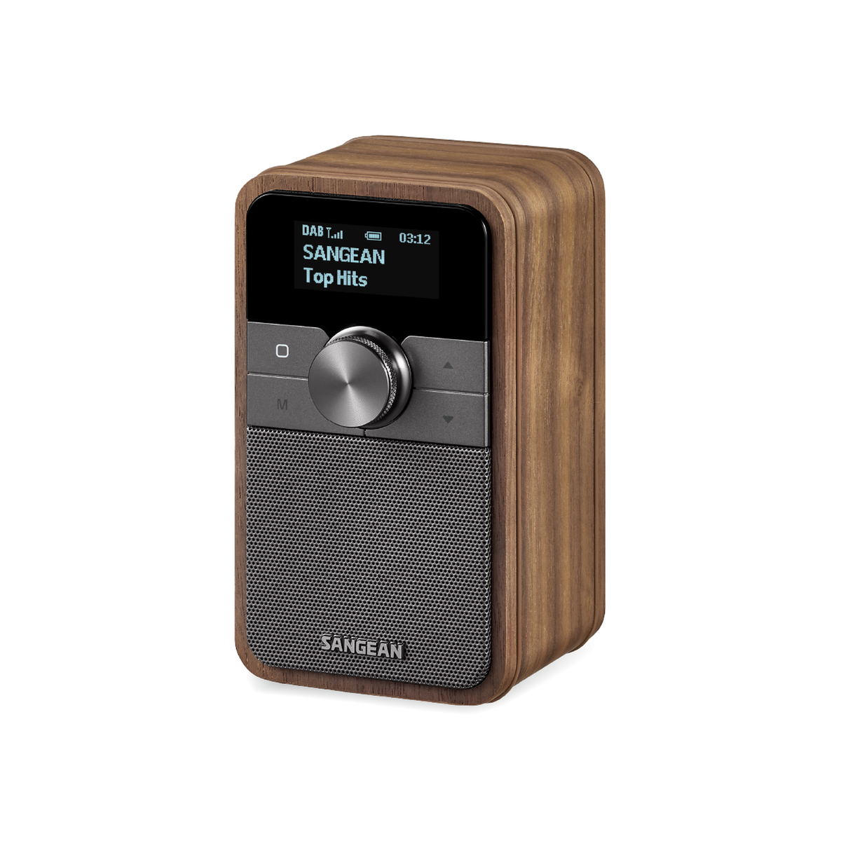 Sangean DDR-8 DAB+ Holzradio Schrägansicht im Hochformat mit Lautsprecherbespannung in Vintage Walnut