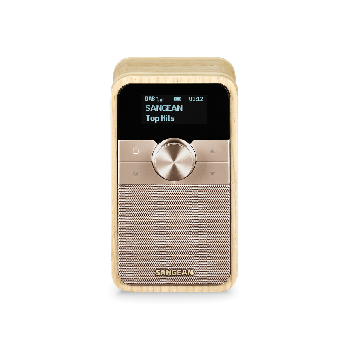 Sangean DDR-8 DAB+ Holzradio Frontansicht im Hochformat mit Display und Drehregler in White Ash
