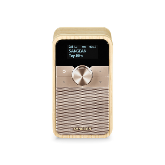 Sangean DDR-8 DAB+ Holzradio Frontansicht im Hochformat mit Display und Drehregler in White Ash