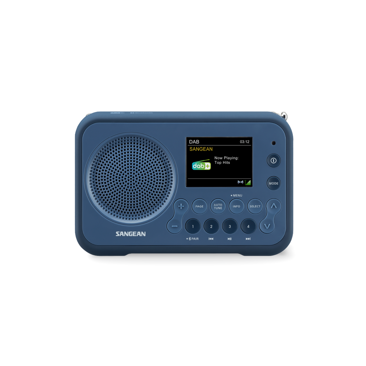 Sangean DPR-76BT DAB+ Radio Frontansicht mit Lautsprecher, LCD-Display und Bedientasten in Dark Blue