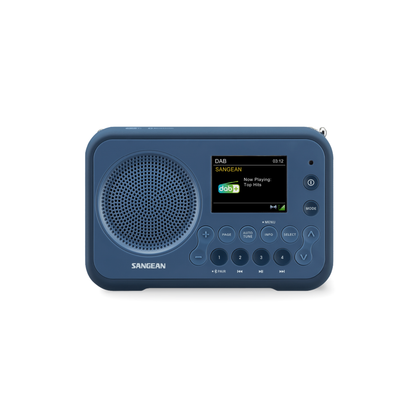 Sangean DPR-76BT DAB+ Radio Frontansicht mit Lautsprecher, LCD-Display und Bedientasten in Dark Blue