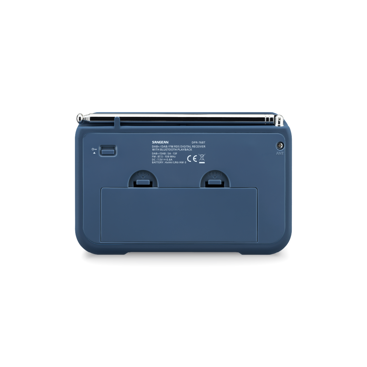 Sangean DPR-76BT DAB+ Radio Rückansicht mit Batteriefach in Dark Blue