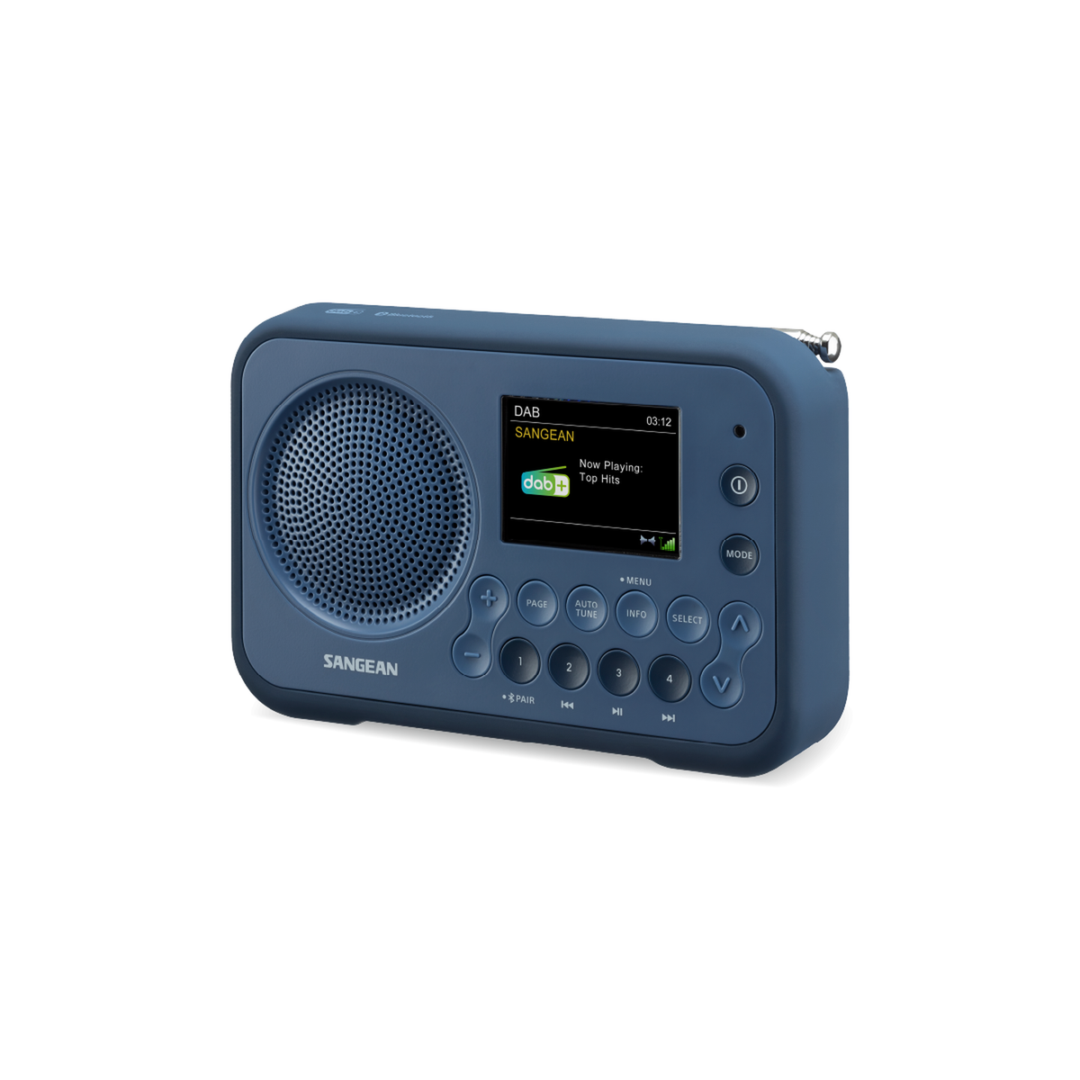Sangean DPR-76BT DAB+ Radio Schrägansicht mit Display und Tastenfeld in Dark Blue