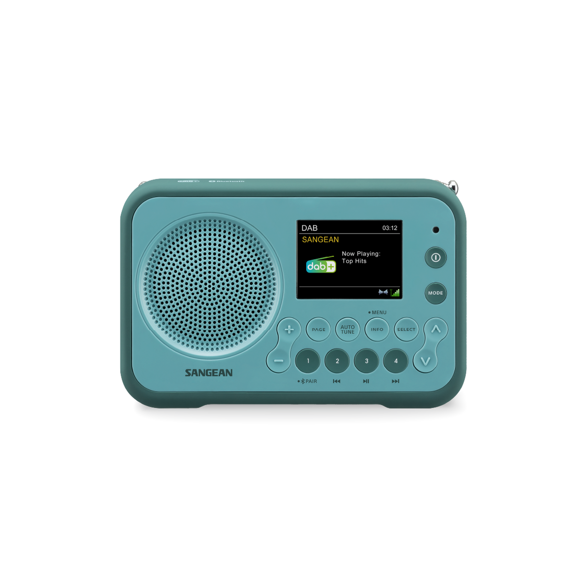 Sangean DPR-76BT DAB+ Radio Frontansicht mit Lautsprecher, LCD-Display und Bedientasten in Light Blue
