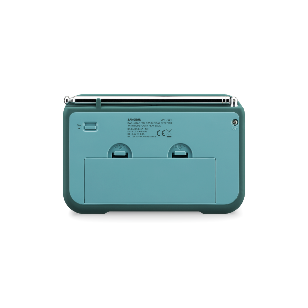 Sangean DPR-76BT DAB+ Radio Rückansicht mit Batteriefach in Light Blue
