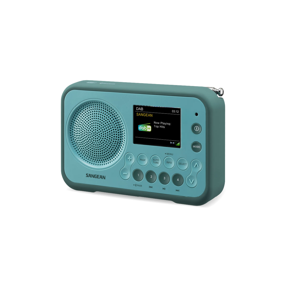 Sangean DPR-76BT DAB+ Radio Schrägansicht mit Display und Tastenfeld in Light Blue