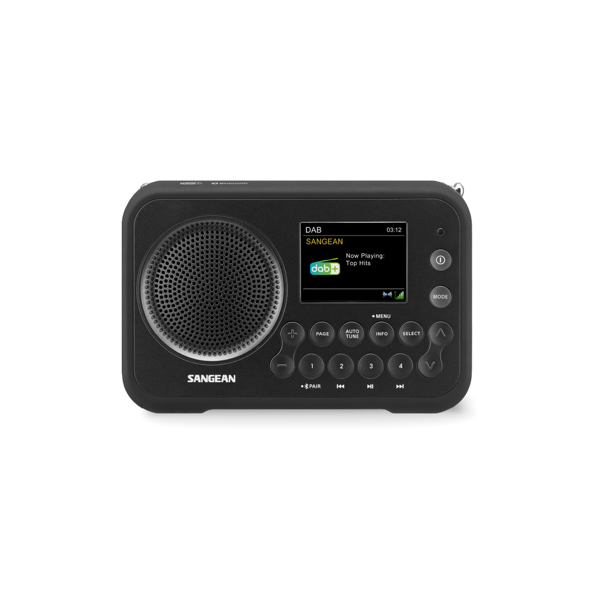 Sangean DPR-76BT DAB+ Radio Frontansicht mit Lautsprecher, LCD-Display und Bedientasten in Metal Grey