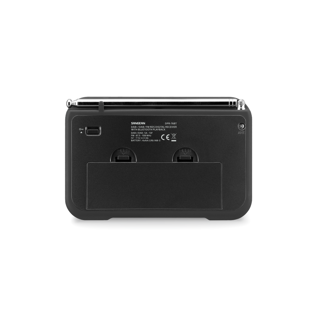 Sangean DPR-76BT DAB+ Radio Rückansicht mit Batteriefach in Metal Grey