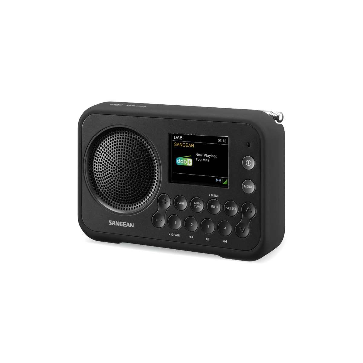 Sangean DPR-76BT DAB+ Radio Schrägansicht mit Display und Tastenfeld in Metal Grey