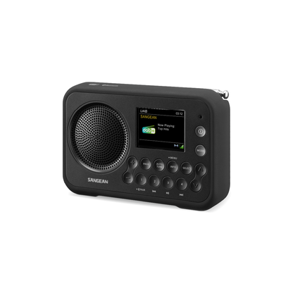 Sangean DPR-76BT DAB+ Radio Schrägansicht mit Display und Tastenfeld in Metal Grey