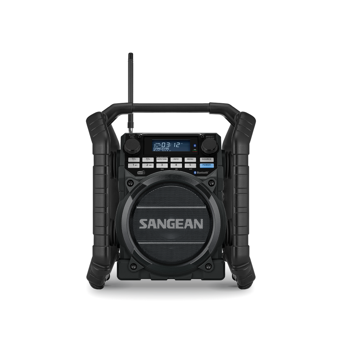 Sangean U4 DBT+ Baustellenradio Frontansicht mit Lautsprecher, Bedientasten und Teleskopantenne im Schutzrahmen
