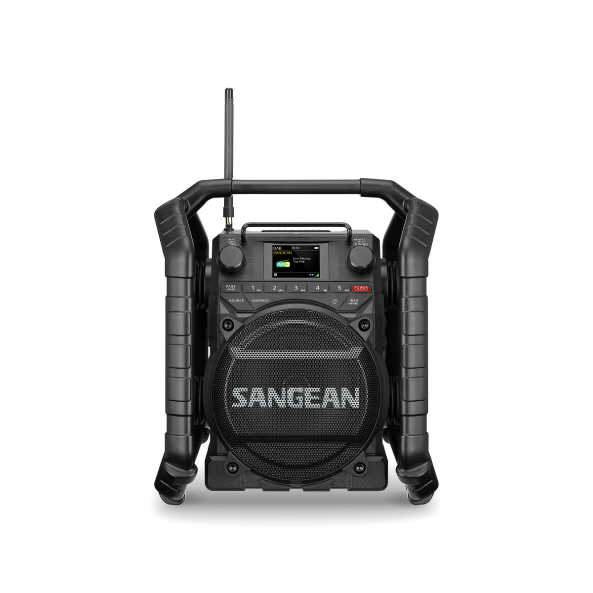 Sangean U4X Baustellenradio Frontansicht mit Lautsprecher, Bedientasten und Teleskopantenne im Schutzrahmen