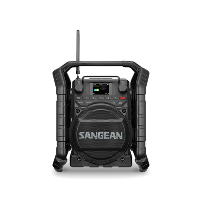 Sangean U4X Baustellenradio Frontansicht mit Lautsprecher, Bedientasten und Teleskopantenne im Schutzrahmen