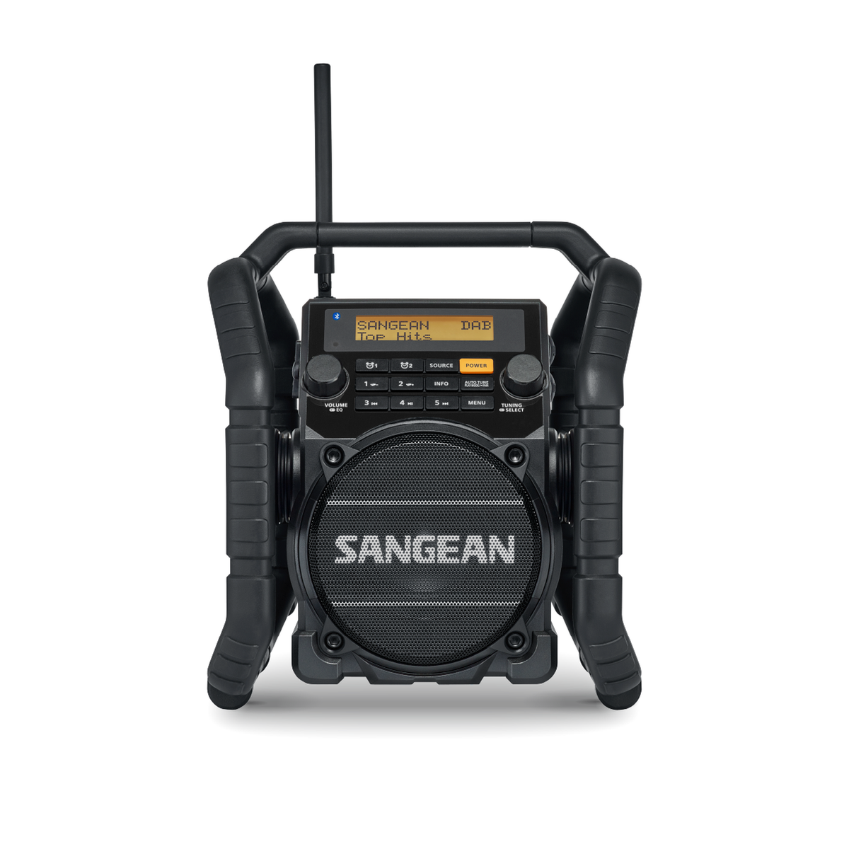 Sangean U5 DBT Baustellenradio Frontansicht mit Lautsprecher, Bedientasten und Teleskopantenne im Schutzrahmen