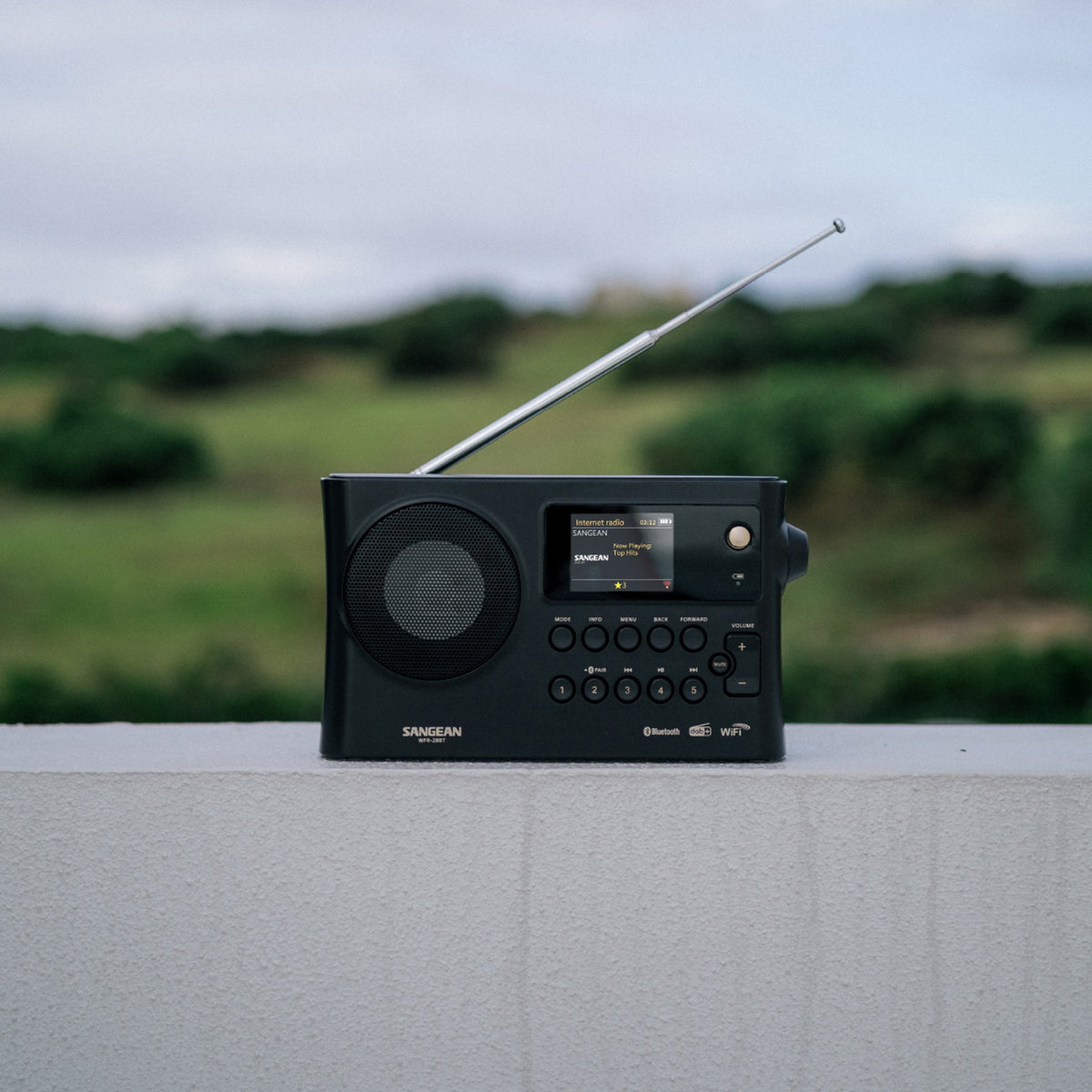 Sangean WFR-28BT Portables Internetradio, Black, Lifestyle auf Mauer im Grünen