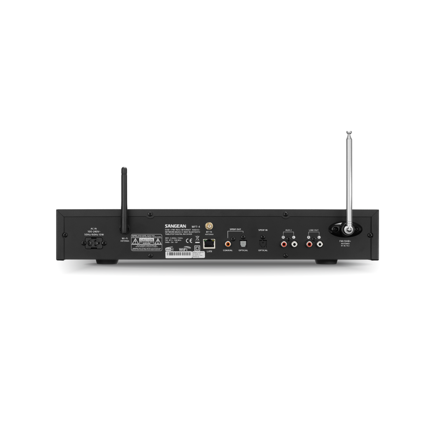Sangean WFT-4 Internetradio & DAB+ Receiver Rückansicht mit LAN, Cinch-Line-Out, SPDIF optisch und koaxial