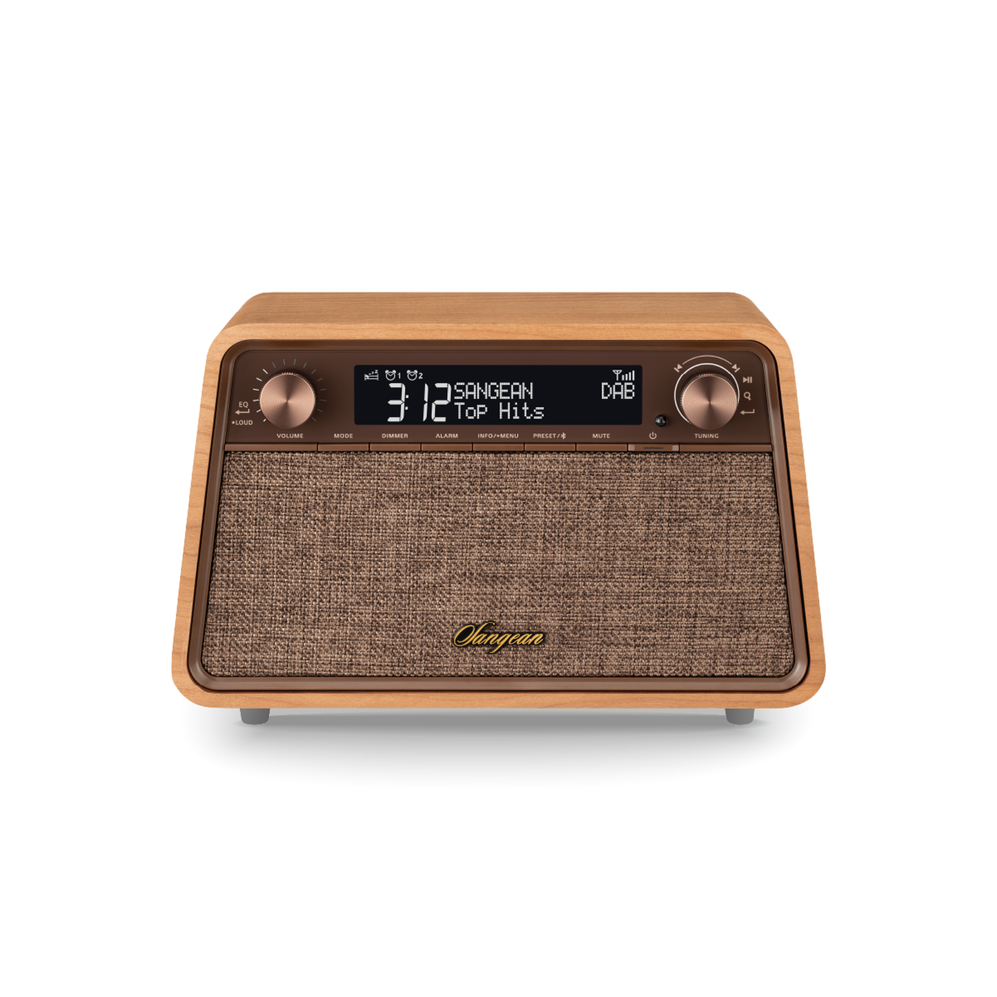 Sangean WR-201D DAB+ Tischradio Frontansicht mit Display und Drehreglern in Natural Cherry