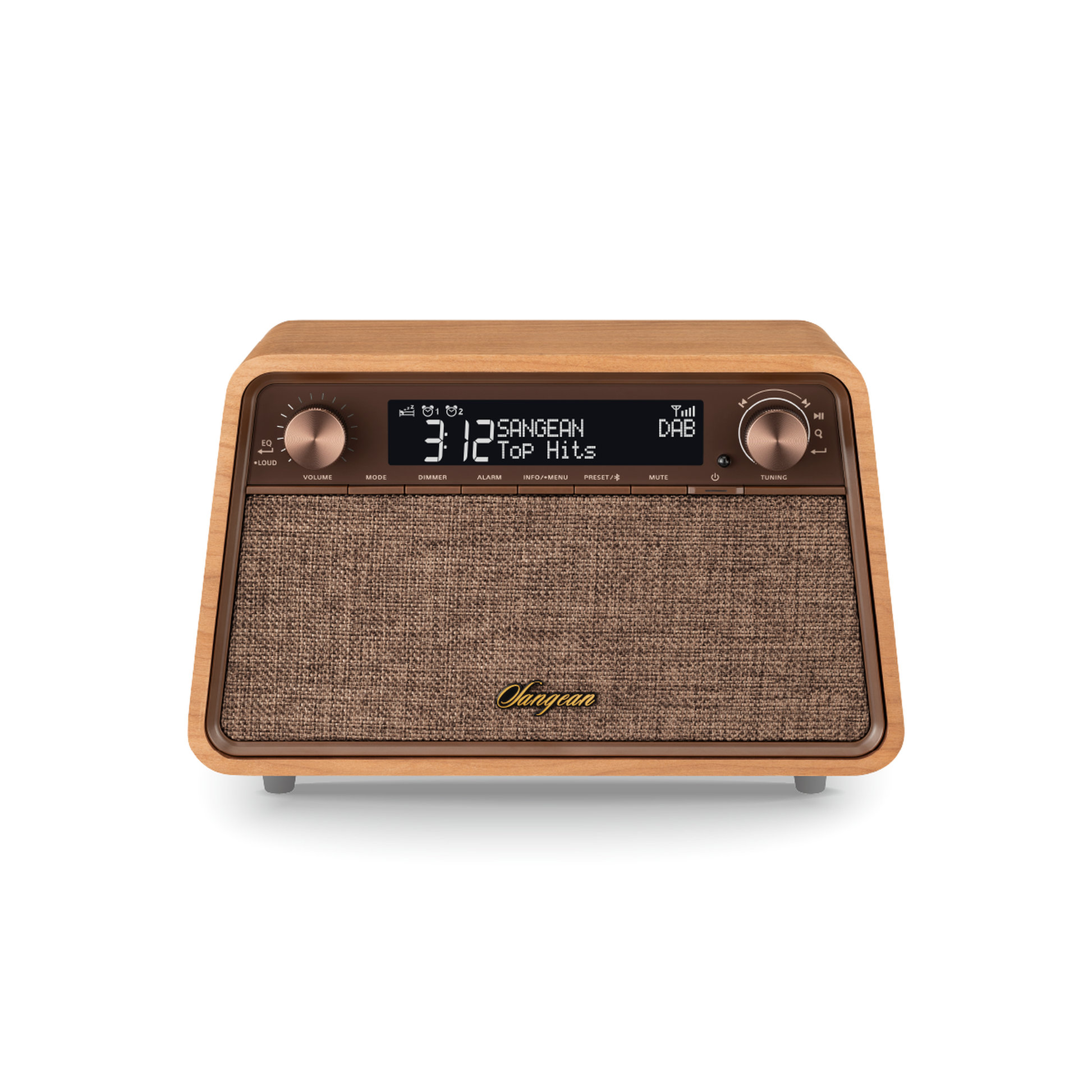 Sangean WR-201D DAB+ Tischradio Frontansicht mit Display und Drehreglern in Natural Cherry