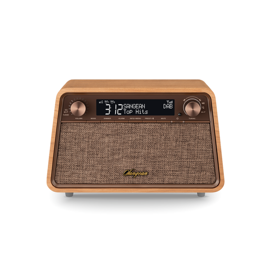Sangean WR-201D DAB+ Tischradio Frontansicht mit Display und Drehreglern in Natural Cherry
