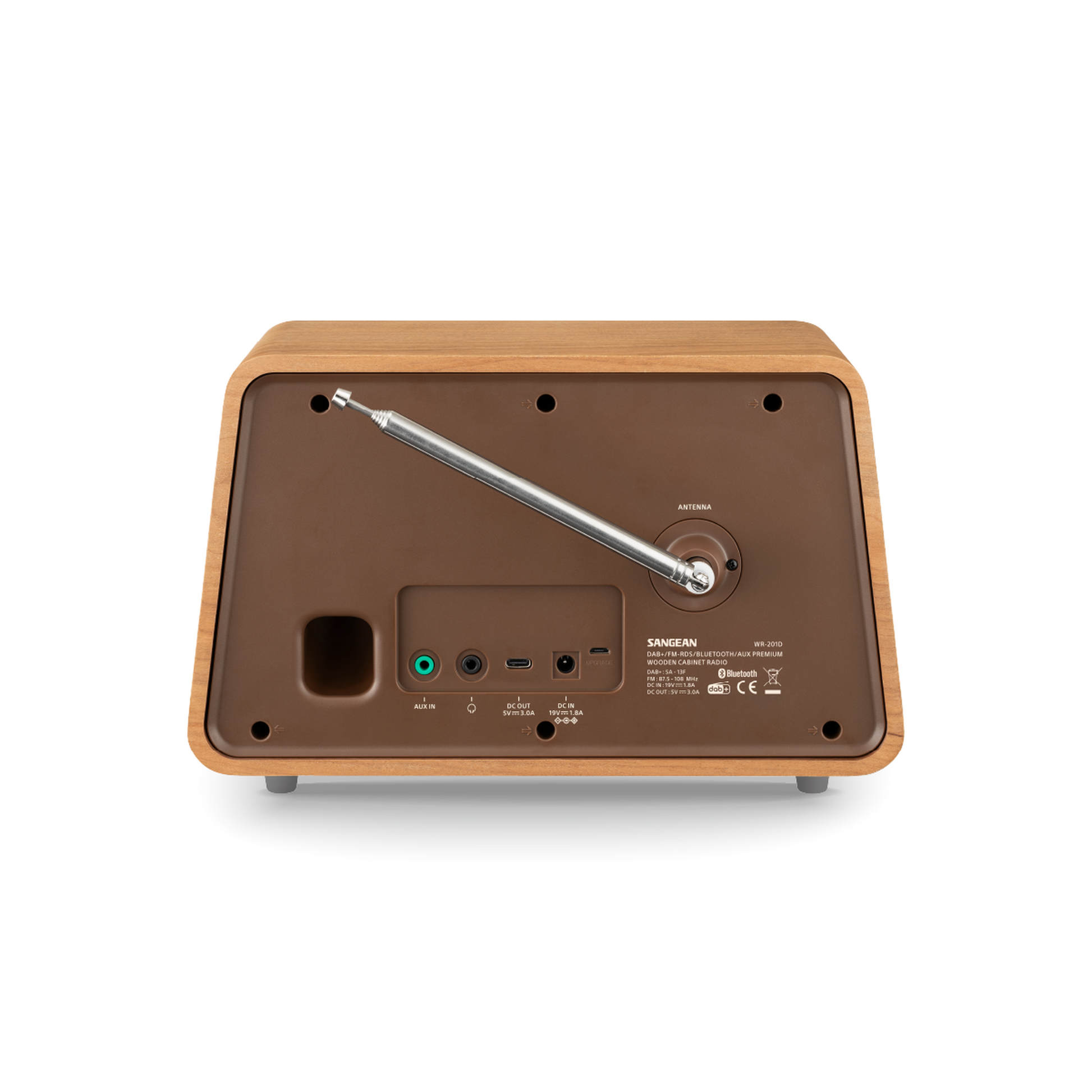 Sangean WR-201D DAB+ Tischradio Rückansicht mit Teleskopantenne, AUX-Eingang und Kopfhörerausgang in Natural Cherry