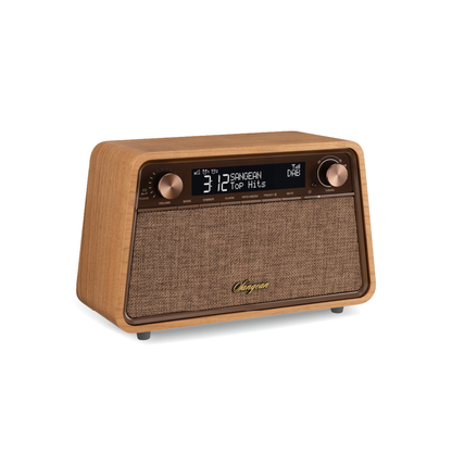 Sangean WR-201D DAB+ Tischradio Schrägansicht aus flacherem Blickwinkel in Natural Cherry