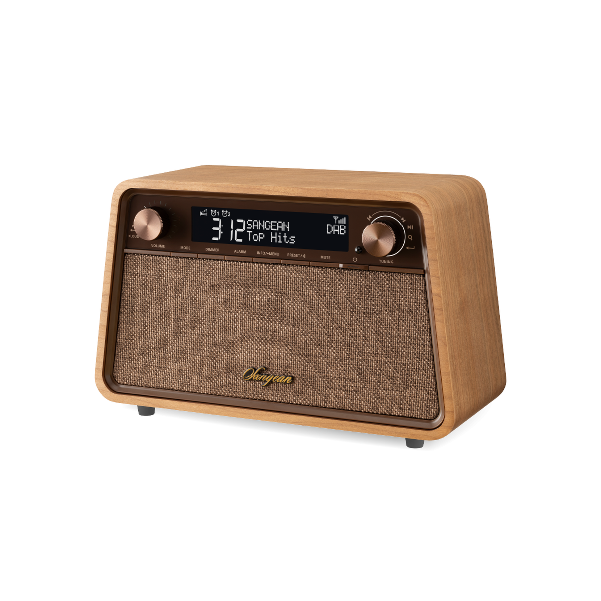 Sangean WR-201D DAB+ Tischradio Schrägansicht mit Blick auf Lautsprechergitter und Bedienelemente in Natural Cherry